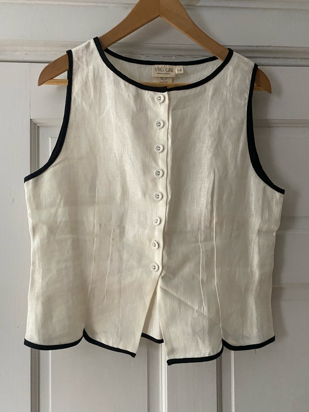 VRG GRL 100% Linen Ivory Button Down Top Vest with Black Trim